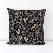 Pollinator dragons - traditional fantasy floral, goth - muted jewel tones on black - mid-large