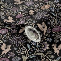 Pollinator dragons - traditional fantasy floral, goth - muted jewel tones on black - mid-large