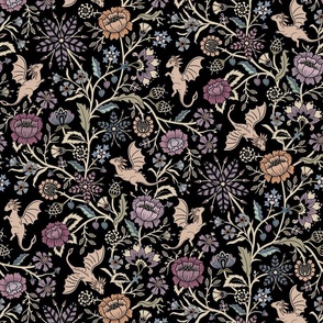 Pollinator dragons - traditional fantasy floral, goth - muted jewel tones on black - mid-large