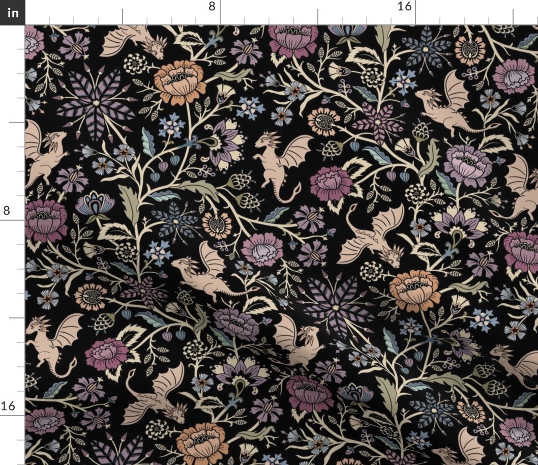 Pollinator dragons - traditional fantasy floral, goth - muted jewel tones on black - mid-large