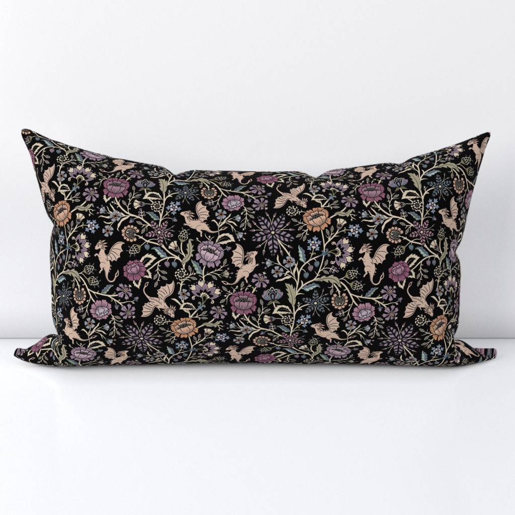 Pollinator dragons - traditional fantasy floral, goth - muted jewel tones on black - medium