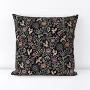 Pollinator dragons - traditional fantasy floral, goth - muted jewel tones on black - medium