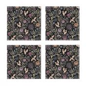 Pollinator dragons - traditional fantasy floral, goth - muted jewel tones on black - medium