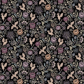 Pollinator dragons - traditional fantasy floral, goth - muted jewel tones on black - medium