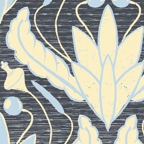 Moss Ogee Damask (Large) - Sky Blue and Sunny Yellow on Dark Gray  (TBS120)