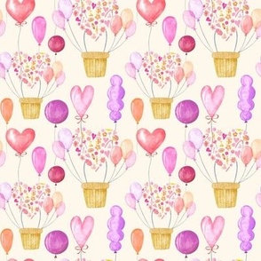 Cute watercolor seamless pattern of balloon. Pink, purple, red. Hearts, love, valentines day