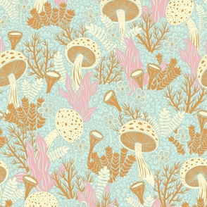 Mossy Mushroom Dreamland - Baby Blue and Gold | Large Scale