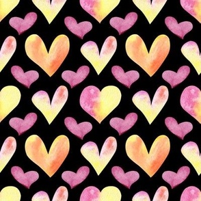  Seamless pattern of watercolor hearts on black background