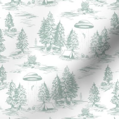 Small-Scale Muted Blue-Green Alien Abduction Toile de Jouy