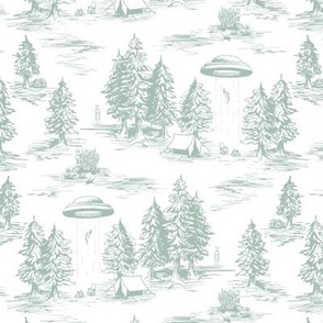 Small-Scale Muted Blue-Green Alien Abduction Toile de Jouy