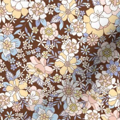 Retro Florals Candyfloss floral Chocolate brown blue apricot Regular Scale by Jac Slade