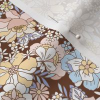 Retro Florals Candyfloss floral Chocolate brown blue apricot Regular Scale by Jac Slade