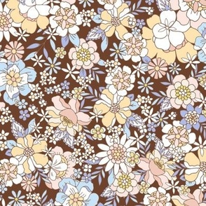 Retro Florals Candyfloss floral Chocolate brown blue apricot Regular Scale by Jac Slade