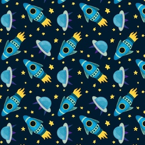 Outer Space - Blue Rockets & Alien Ships (SMALL)