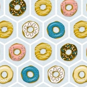 delicious colorful donuts on light blue hexagons | small