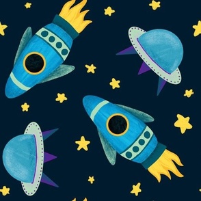 Outer Space - Blue Rockets & Alien Ships (MEDIUM) 