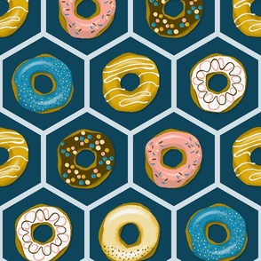 iced donuts on dark blue hexagons | large
