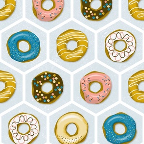 delicious colorful donuts on light blue hexagons | large