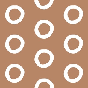 Clean Modern Hand-drawn White Circles Elegant Half Drop Repeat Pattern on Earth-tone Rusty Terracotta Orange Background in Contemporary Geometric Aesthetic for Upholstery, Wallpaper, and Timeless Scandinavian Home Décor with Neutral Color Palette