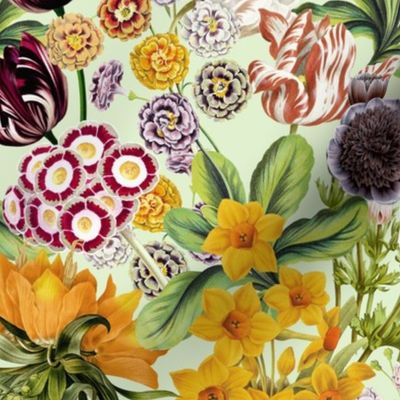 Nostalgic Hand Painted Antique Springflowers Antiqued Daffodil, Vintage primrose, Tulips, Anemone,  Primula, light green