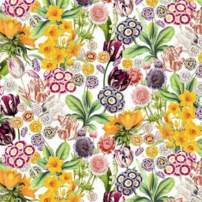 Nostalgic Hand Painted Antique Springflowers Antiqued Daffodil, Vintage primrose, Tulips, Anemone,  Primula, white