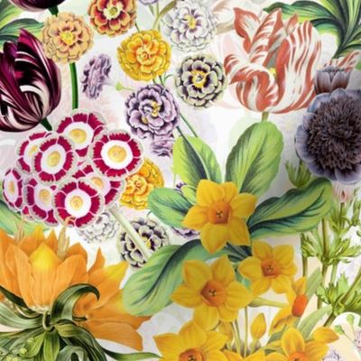 Nostalgic Hand Painted Antique Springflowers Antiqued Daffodil, Vintage primrose, Tulips, Anemone,  Primula, Double Layer white