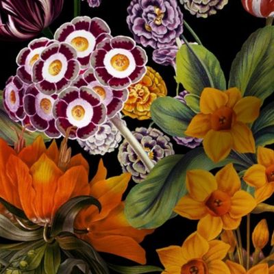 Nostalgic Hand Painted Antique Springflowers Antiqued Daffodil, Vintage primrose, Tulips, Anemone,  Primula, Black