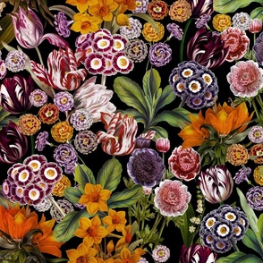 Nostalgic Hand Painted Antique Springflowers Antiqued Daffodil, Vintage primrose, Tulips, Anemone,  Primula, Black