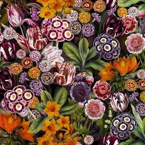Nostalgic Hand Painted Antique Springflowers Antiqued Daffodil, Vintage primrose, Tulips, Anemone,  Primula, Double Layer Black