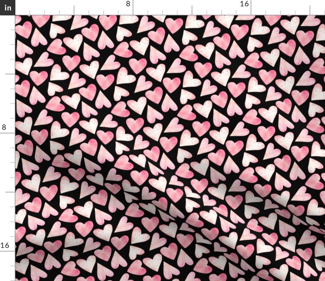 Seamless pattern of watercolor hearts on black background