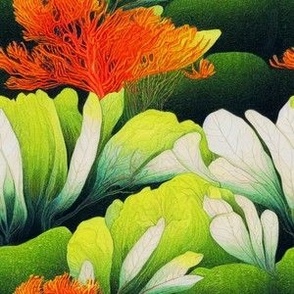 Orange flowers with white and Green Mosses