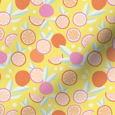 Lush citrus garden botanical boho oranges and summer leaves nursery nineties palette pink orange mint on yellow