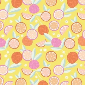 Lush citrus garden botanical boho oranges and summer leaves nursery nineties palette pink orange mint on yellow