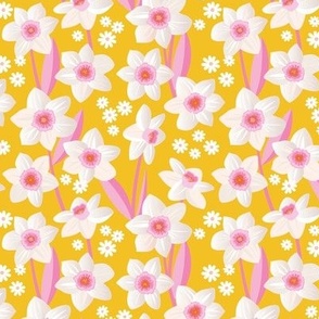Springtime daffodil and daisies - flower garden nineties bright colorful retro palette spring is here orange pink