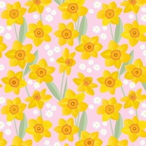 Springtime daffodil and daisies - flower garden nineties bright colorful retro palette spring is here yellow pink sage green