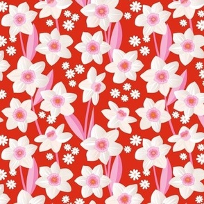 Springtime daffodil and daisies - flower garden nineties bright colorful retro palette spring is here pink red