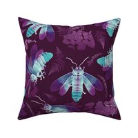 Normal scale // Fireflies Glowing Nights // purple background with lightning bugs quirky whimsical and bioluminescence lampyridae beetles