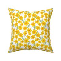 Springtime daffodil and daisies - flower garden nineties bright colorful retro palette spring is here yellow sage green on white