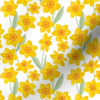 Springtime daffodil and daisies - flower garden nineties bright colorful retro palette spring is here yellow sage green on white