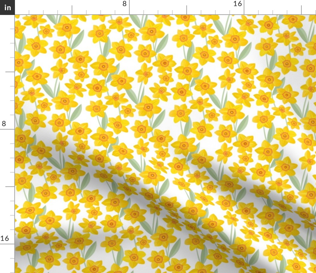 Springtime daffodil and daisies - flower garden nineties bright colorful retro palette spring is here yellow sage green on white