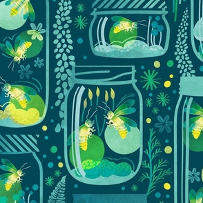 Large jumbo scale // Glowing in the moss // teal background jars with lightning fireflies bugs quirky whimsical and bioluminescence lampyridae beetles