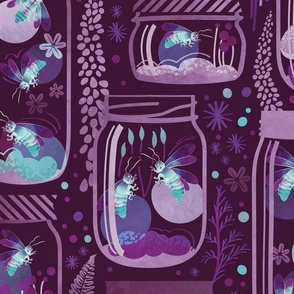 Large scale // Glowing in the moss // purple background jars with lightning fireflies bugs quirky whimsical and bioluminescence lampyridae beetles
