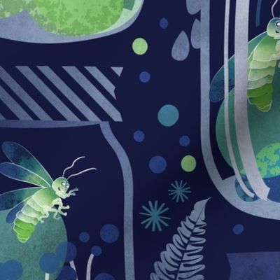 Large scale // Glowing in the moss // blue background jars with lightning fireflies bugs quirky whimsical and bioluminescence lampyridae beetles