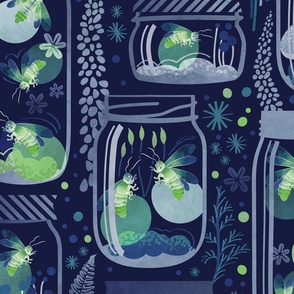 Large scale // Glowing in the moss // blue background jars with lightning fireflies bugs quirky whimsical and bioluminescence lampyridae beetles