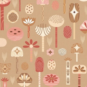 Retro Moss Flowers Tan and Pink
