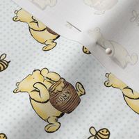 Smaller Scale Classic Pooh Hunny and Bees on Soft Blue Dots on White