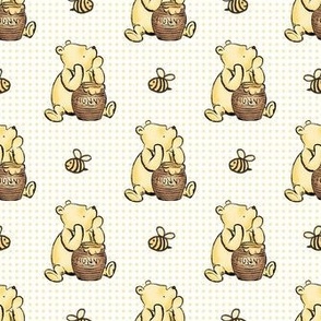 Smaller Scale Classic Pooh Hunny and Bees Pale Golden Yellow Dots on White