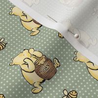 Smaller Scale Classic Pooh Hunny and Bees on Soft Sage Green