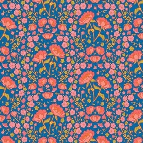 Peonies and Hollyhocks Folk Floral on Blue - Extra Small