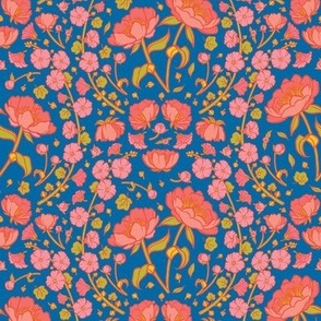 Peonies and Hollyhocks Folk Floral on Blue - Small